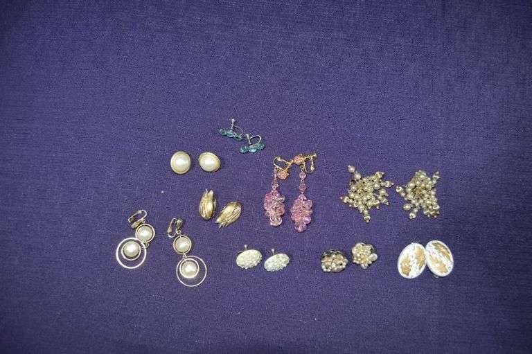 9 PAIRS OF CLIP ON & SCREW ON EARRINGS. MARKINGS INCLUDE: MADE IN FRANCE & MARVELLA