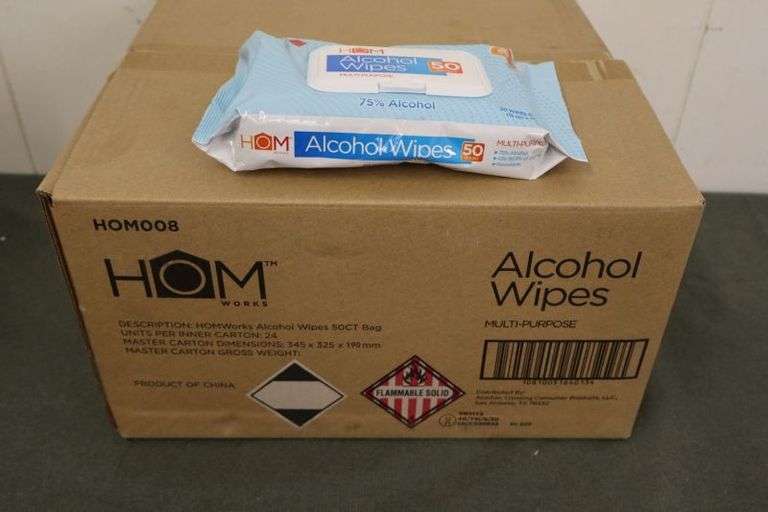 NEW Case of TWENTY-FOUR 50ct Packs of HOM Works Multi-Purpose Alcohol Wipes! (9D)