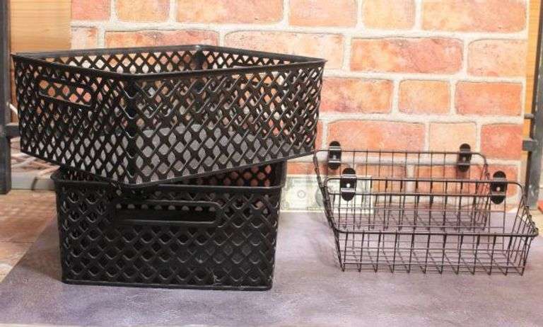 Plastic Organizing Bins 14" x x11.5" and 2 Haning Wire Baskets 11" x 4.5".  3C