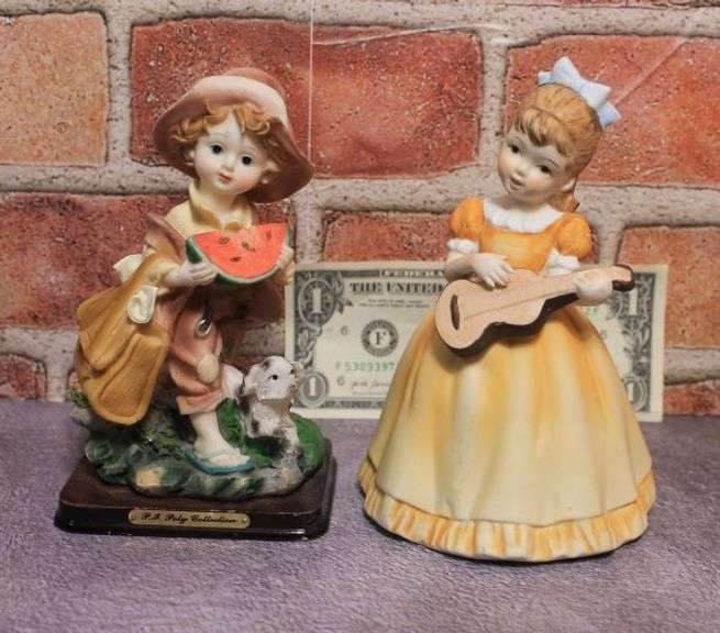 P.J. Poly Collection Boy Eating Watermelon and Ceramic Girl with Long Dress Playing Guitar Figurine.  W1