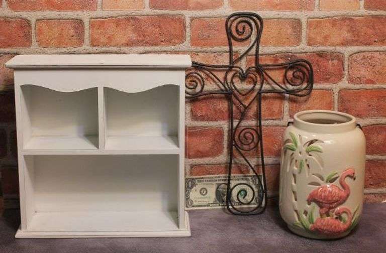 Super Cute White Wall Shelf and Metal Decorative Cross (2nd Chance) and added Ashland Ceramic Flamingo Tropical Paradise Candle Lantern.  11D