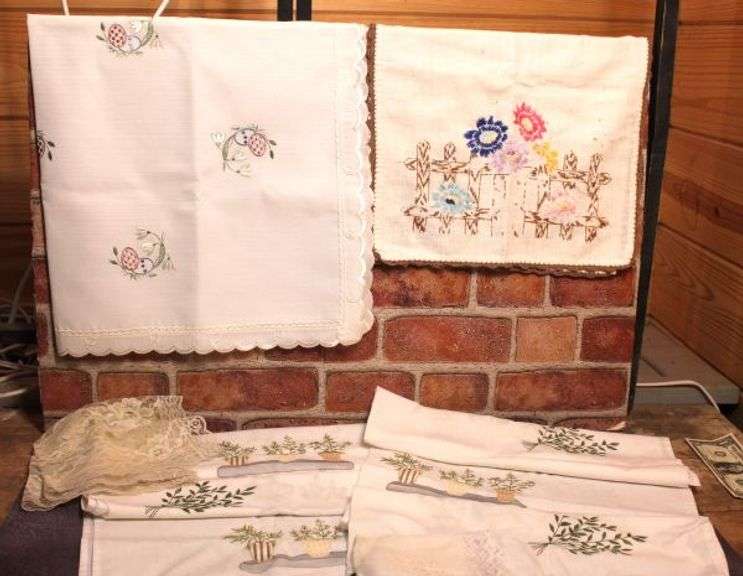 Super Cute Hand Stiched with Green Ruffle Kitchen Curtains, Cross Stitched Towels and Doillies.  3B