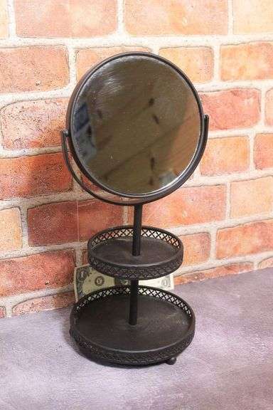 Cari Matte Black Metal Magnifying Mirror with 2 Tier Storage.  11C