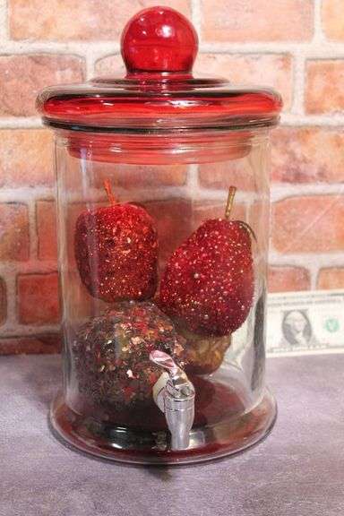 Clear Glass Beverage Dispenser with Red Lid and Bottom, Includes 4 Decorative Fruits.  W2
