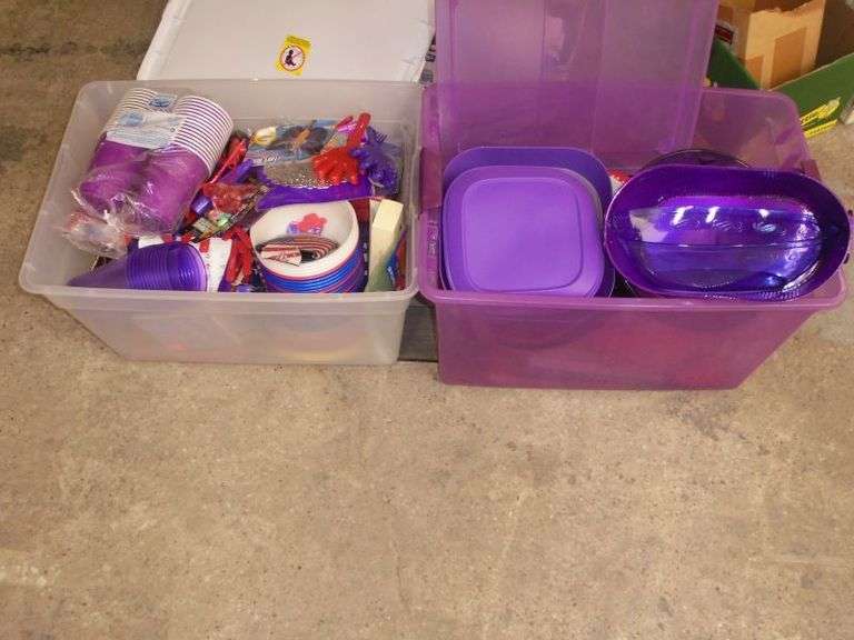 2 Totes of Party Supplies. Plates, Cups, Decor Texas Online Auction House