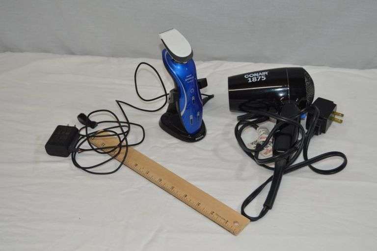 CONAIR BLOW DRYER & PHILIPS NORELCO SENSOR TOUCH SHAVER. THE WIRES ARE EXPOSED AT THE END OF THE CHARGER