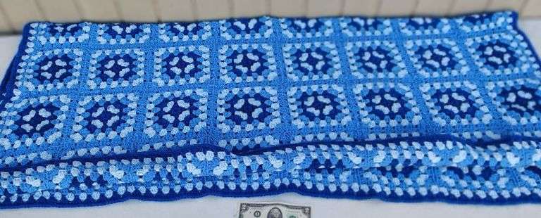 Beautiful vintage hand crocheted blue granny square afghan