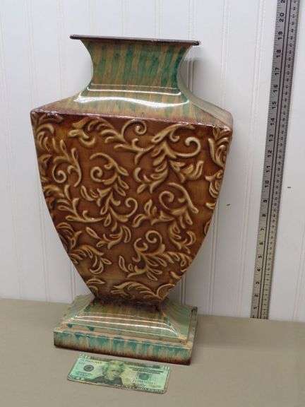 Large Decorated Metal Vase.