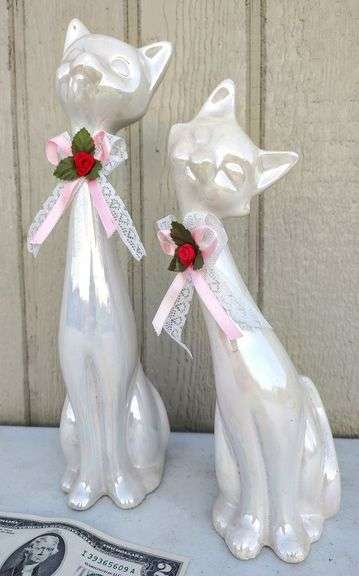 Darling pair of vintage kitty cat iridescent glazed figurines believed to be ceramic or porcelain