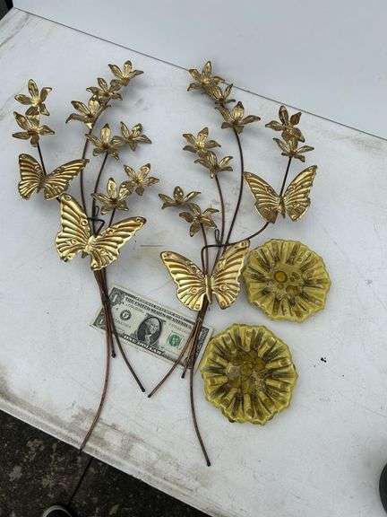 MCM Gold Tone Butterfly Wall Hangings and 2 Ash Trays (?)