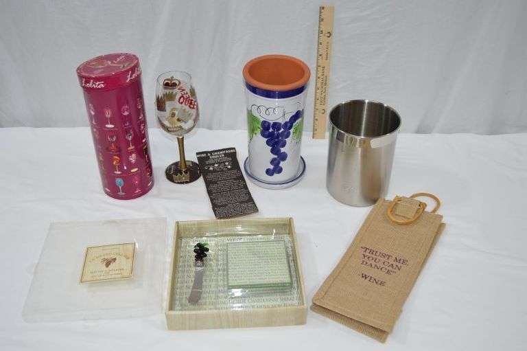 WINE & CHAMPAGNE COOLER, WINEGLASS, SPREADER SET W/COASTERS & MORE