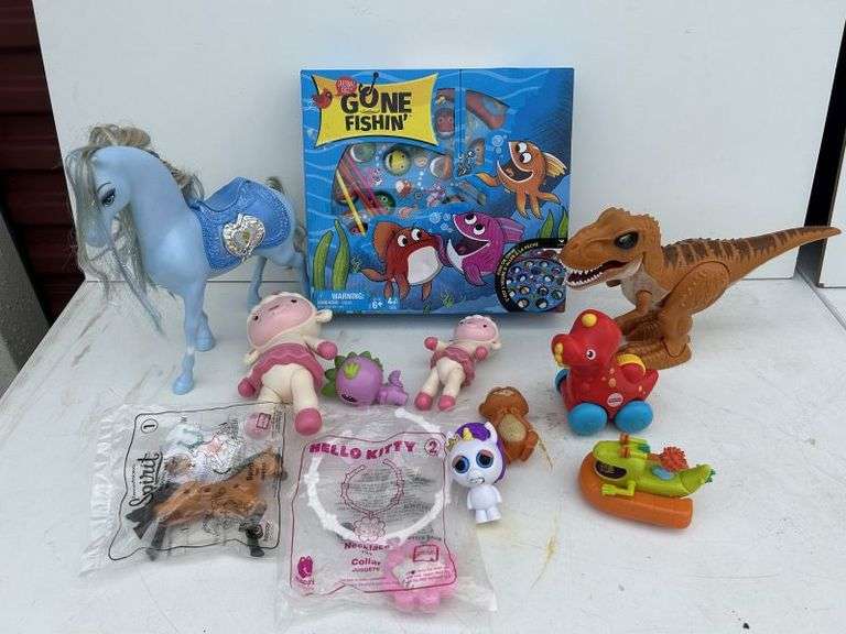 Misc. Toy Lot-horses, Gone Fishing Game, Dinos, Hello Kitty