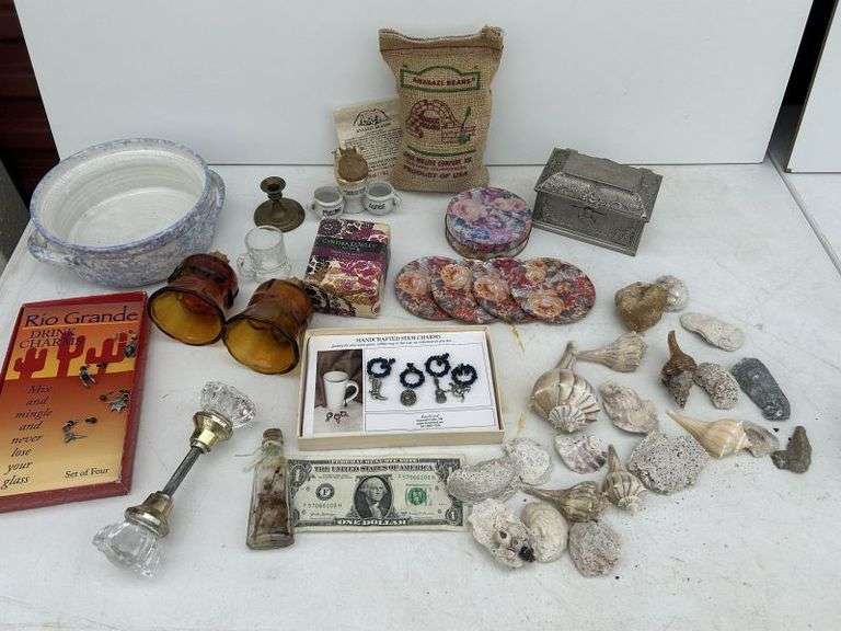 Large Lot of Misc. What-Nots-shells, mug charms, tin coasters etc.