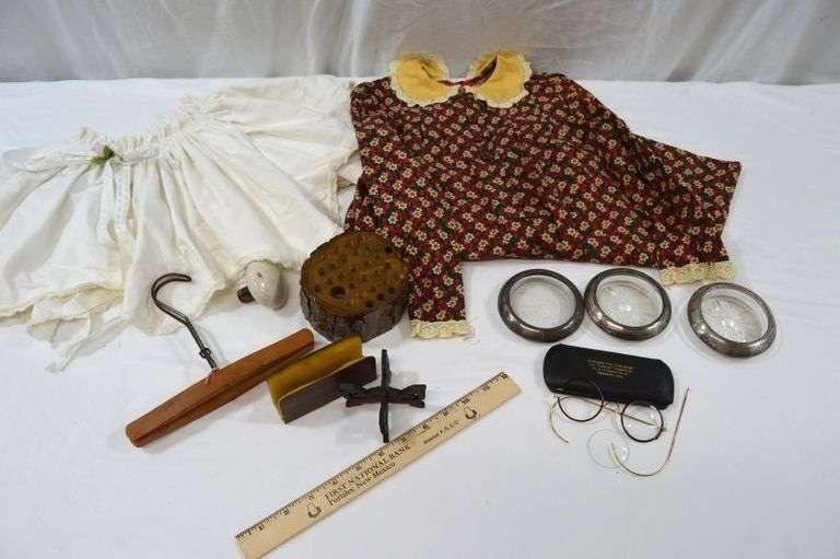 VINTAGE ITEMS: DRESS, HANGER, GLASSES & MORE