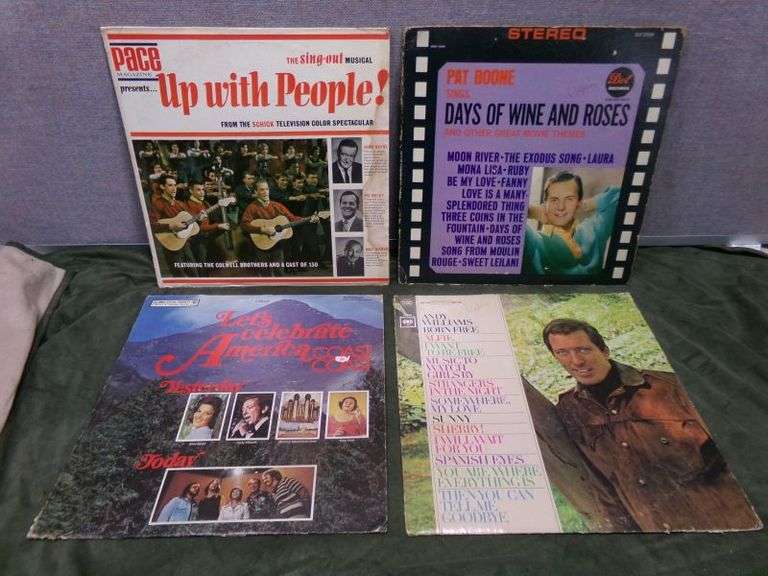 Group of four LP 33 albums - Up with People, Pat Boone (cover in bad shape), Let's Celebrate America, Andy Williams