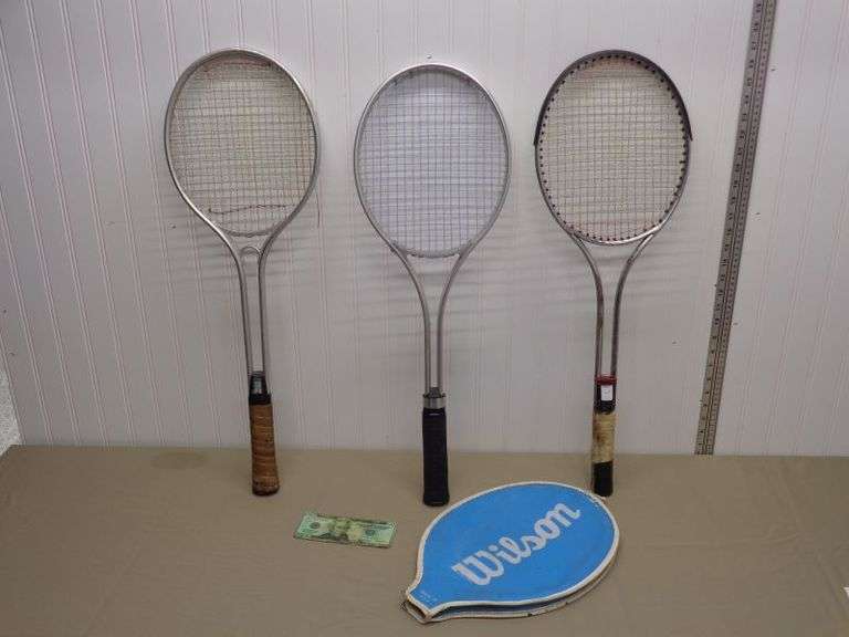 Lot of 5 Tennis Rackets and 1 Wilson cover.