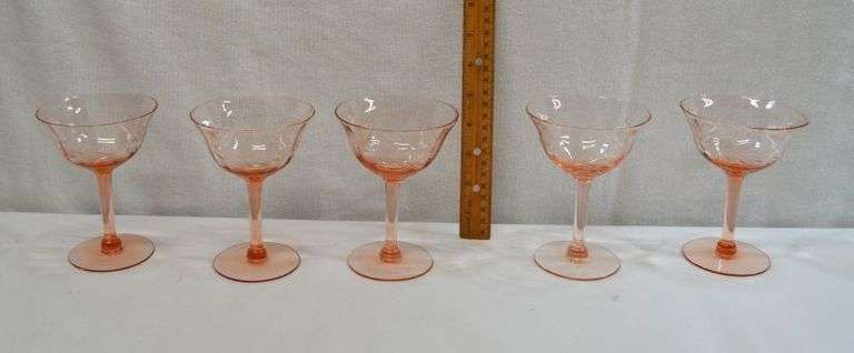 5 VINTAGE PINK DEPRESSION SWIRL ETCHED STEMMED GLASSES