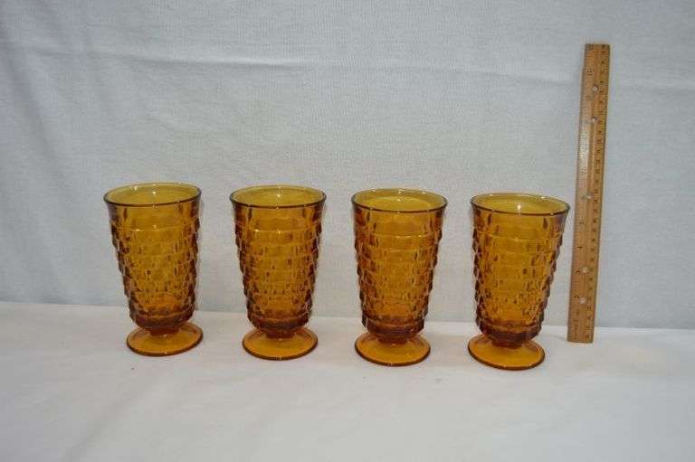 VINTAGE INDIANA AMBER CUBIST FOOTED ICE TEA GLASSES FROM THE '60s