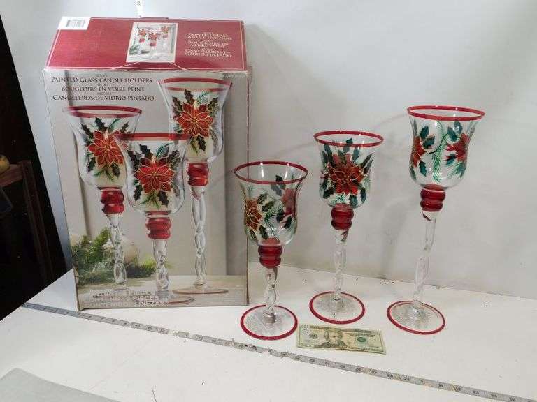 Painted Glass Candles Holders- (3) Sizes- Nice in Box