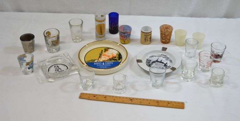 ASSORTED SHOT GLASSES & ASHTRAYS