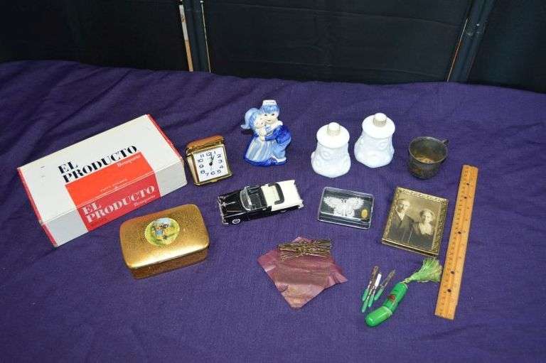 VINTAGE LOT: KIRBY, BEARD & CO. BOBBY PINS, LINDEN TRAVEL CLOCK, TRINKET BOX MARKED OSBORNE CHINA HAND PAINTED 22K GOLD (CRACK) & MORE
