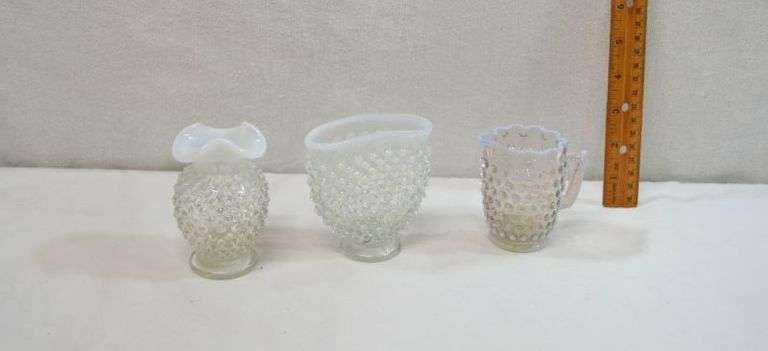 FENTON MOONSTONE FAN VASE, MINI VASE & MINI CREAMER