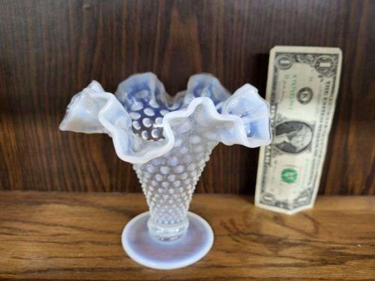 Fenton Moonstone Rim Crimped Trumpet Vase. ~ cash only ~ . (1A)