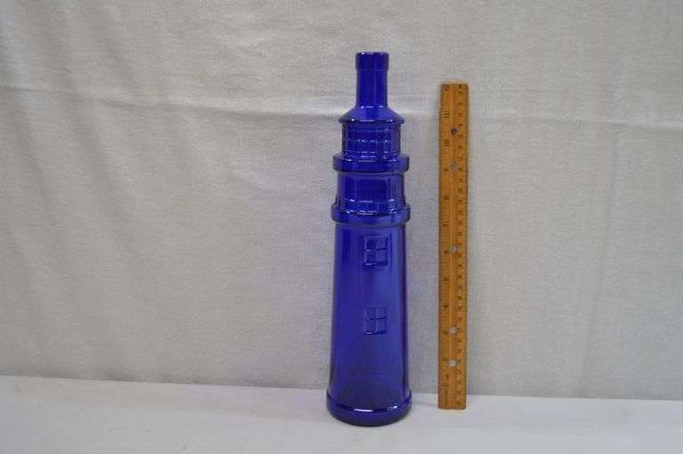 COBALT BLUE GLASS LIGHTHOUSE JAR - 13" TALL