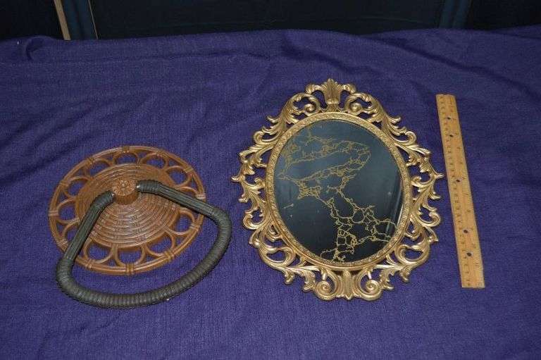 VINTAGE HOMCO RATTAN TOWEL RING & OVAL BRASS COLORED METAL FRAMED MIRROR