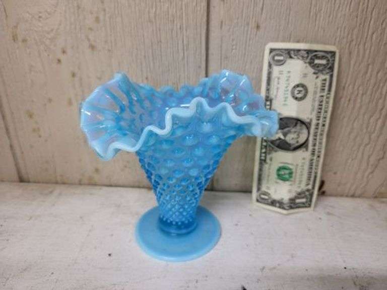 Fenton Blue Hobnail Trumpet Vase. ~ cash only ~ .  (1A)