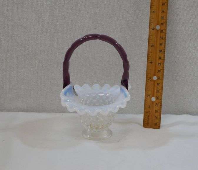 FENTON MOONSTONE BASKET WITH PLUM COLORED HANDLE
