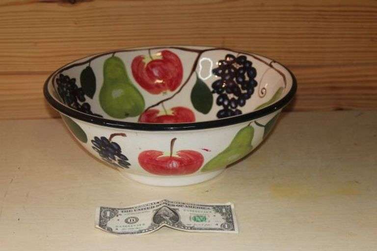 Ceramic Serving Bowl by Geoff Graham of Cinnabar Ceramics, Ukiah, CA-Handpainted Fruits.  E8C