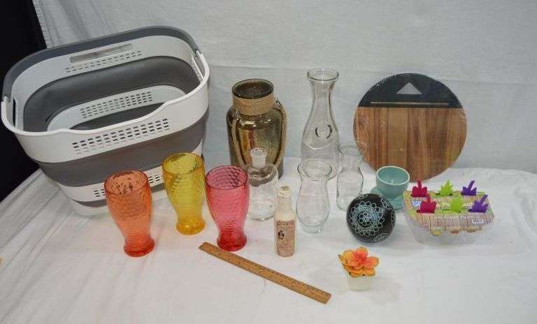 COLLAPSIBLE BASKET, COLORED PLASTIC GLASSES, PYREX BOTTLE & MORE