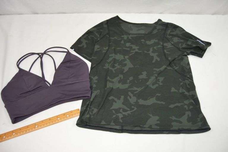 LULULEMON SPORTS BRA, SIZE 6 & LULULEMON CAMO TOP, SMALL