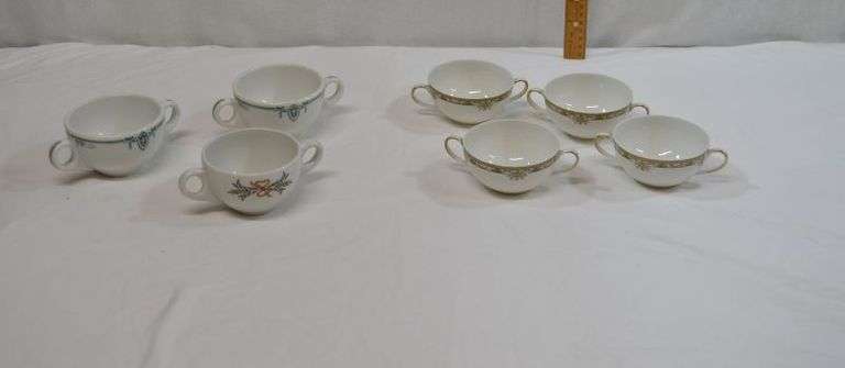 7 VINTAGE DOUBLE HANDLED BOULION CUPS. 4 MATCHING ARE STAMPED A LANTERNIER & CO LIMOGES, 2 ARE MARKED SEAMMELLS TRENTON CHINA & 1 IS MARKED DURALINE SUPER VITRIFIED GRINDLEY HOTELWARE CO ENGLAND 3-58. NO CHIPS OR CRACKS