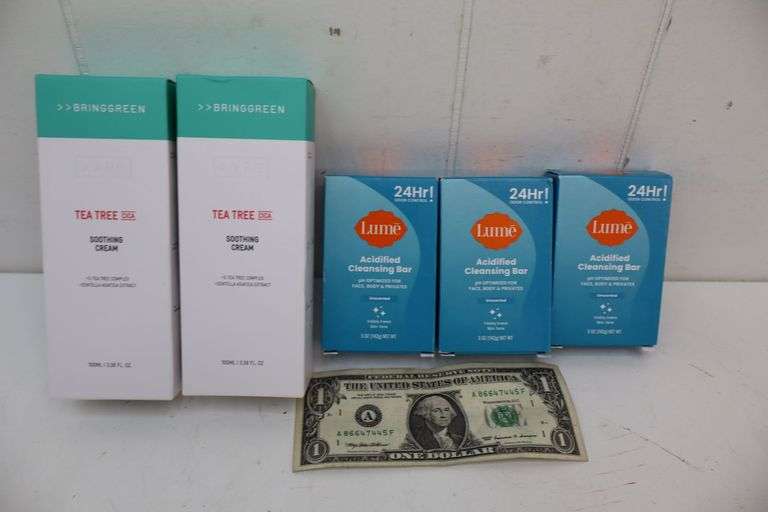 NEW Lot of TWO Bottles of Tea Tree Soothing Cream & THREE Lume Acidified Cleansing Bars! (5C)