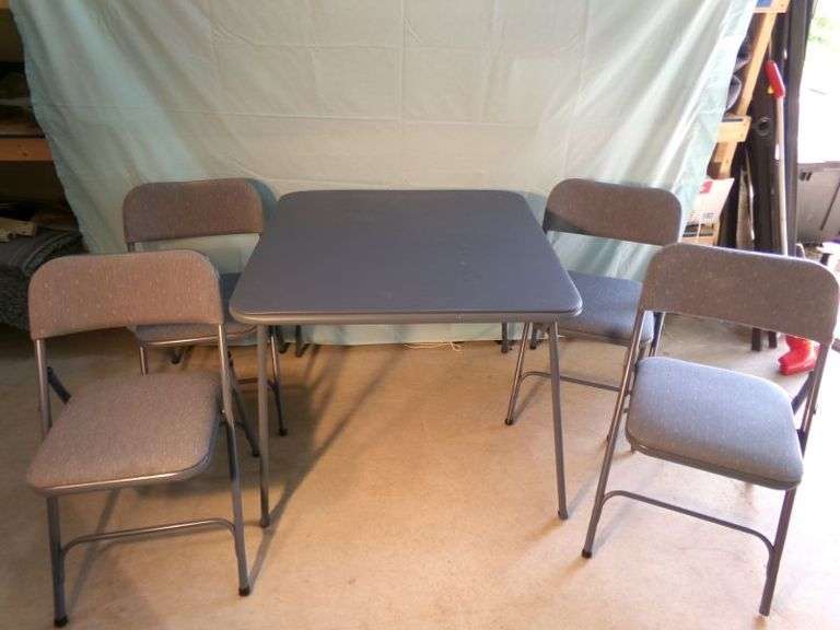 Nice blue/grey folding card table w/ 4 folding chairs (fabric seats) - all in great shape