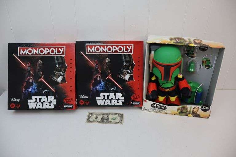 NEW Lot of TWO Monopoly Star Wars: Dark Side Edition Sets AND Star Wars Boba Fett Plush Toy Set! (3D)