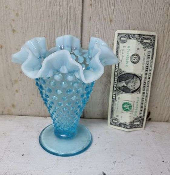 Fenton Blue Glass Ruffle Edge Vase. ~ cash only ~ .  (1A)