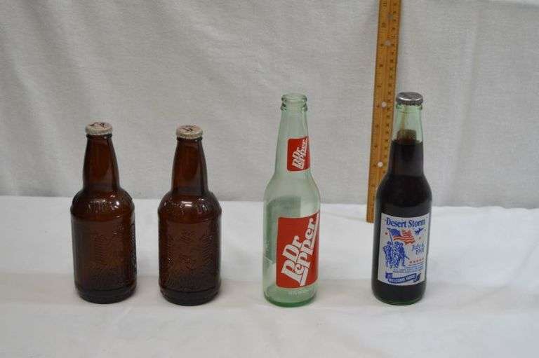 VINTAGE DR. PEPPER, SIOUX CITY SARSPARILLA BOTTLES, ALL ARE EMPTY EXCEPT THE DESERT STORM BOTTLE