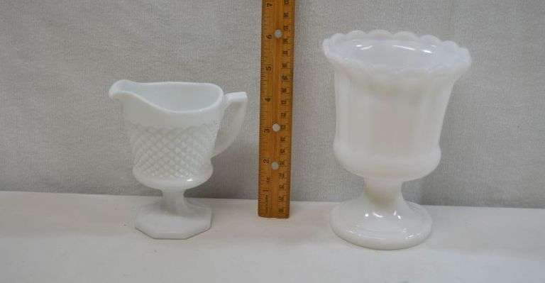 VINTAGE WHITE MILK GLASS FOOTED CANDY DISH/VASE & CREAMER