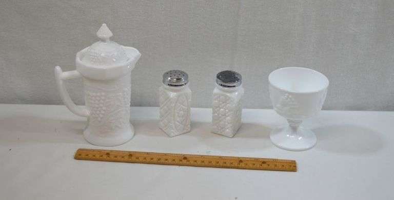 VINTAGAE MILK GLASS SALT & PEPPER SHAKERS (SILVER FINISH ON CAP IS PEELING OFF ON ONE), CREAMER W/LID & SMALL COMPOTE DISH