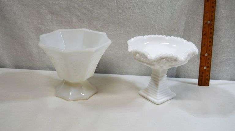 VINTAGE MILK GLASS COMPOTE DISH W/SQUARE BASE (HEAVY) & MILK GLASS DISH
