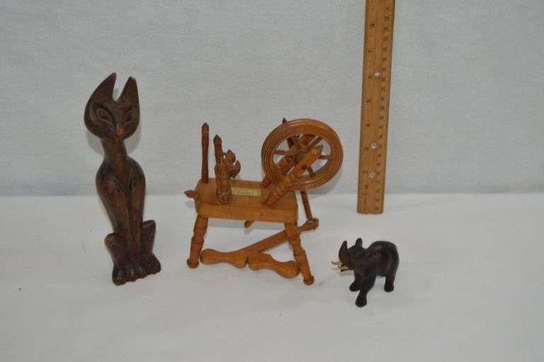 WOODEN CAT, ELEPHANT & SPINNING WHEEL