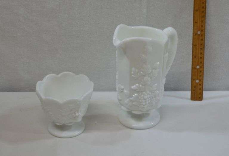 VINTAGE MILK GLASS GRAPES & LEAVES FOOTED VASE W/SCALLOPED EDGES & VINTAGE PANELED GRAPE MILK GLASS LARGE PITCHER