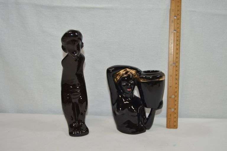 VINTAGE AFRICAN WOMAN CARRYING BASKET/VASE & CERAMIC FIGURINE, NEEDS TOUCHUPS IN A FEW SPOTS