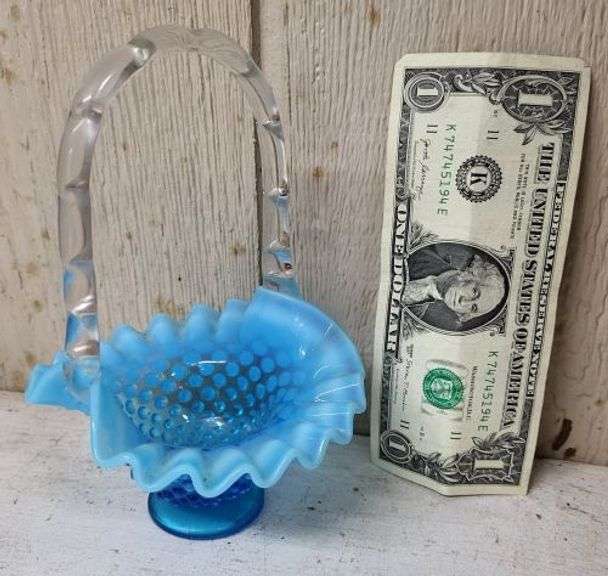 Fenton Blue Ruffle Rim Glass Basket. ~ cash only ~ . (1A)