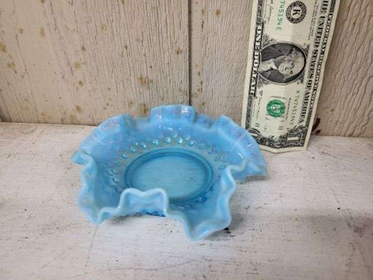 Fenton Blue  Crimped Hobanil Dish. ~ cash only ~ . (1A)