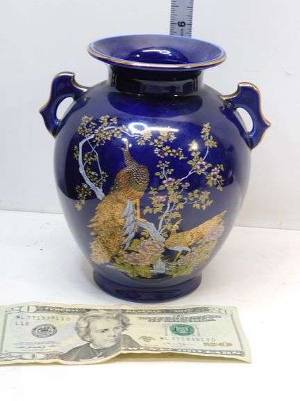 Vintage Cobalt Blue Asian Peacock Vase Hand Painted- Made in Japan