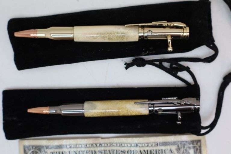 Lot of TWO Neat Handcrafted Deer Antler Bolt-Action "Bullet" Ball Point Pens! (DC)